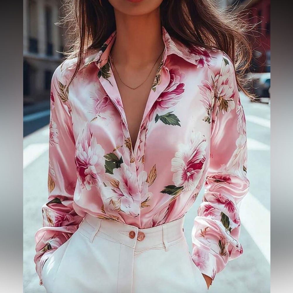 Classic Pink Floral Satin Button Down Up Blouse Top